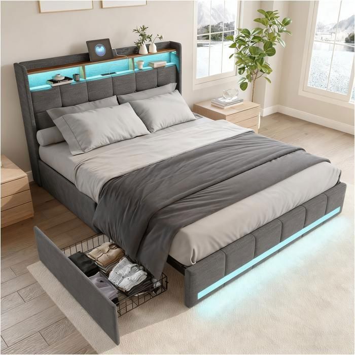 Lit 140x200cm et sommier - Cadre de lit 140x200cm avec 4 tiroirs - tête de lit rangement - LED + type C + USB - lin - Gris Lit 140x200cm et sommier - Cadre de lit 140x200cm avec 4 tiroirs - tête de lit rangement - LED + type C + USB - lin - Gris