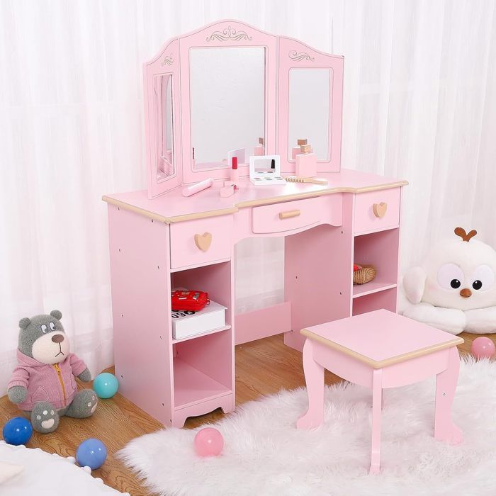 Coiffeuse pour Enfants 2 en 1 avec Miroir Amovible tabouret Bureau Enfant avec 4 Étagères de Style Princesse pour Filles Rose