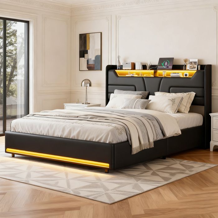 Lit coffre 140x190 PU noir POCKETPOP - LED réglable port USB sommier hydraulique 2 places
