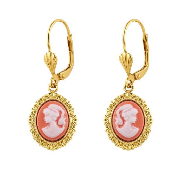 Boucles d’Oreilles Camée Femme Plaqué Or – Dormeuses Vintage Camée Orange 15 mm – Bijoux Classiques Élégants – Cadeau Femme