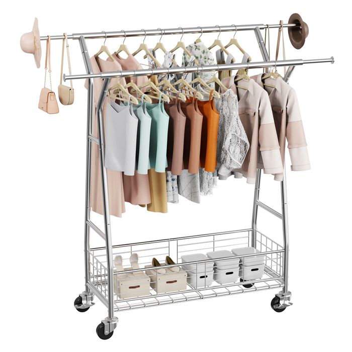 Portant à Vêtements Roulant-VEVOR-avec 2 Barres de Suspension et Panier de Rangement-Charge de 150 kg