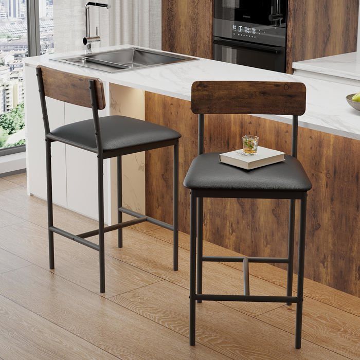 Lot de 2 Tabourets de Bar - Chaise de Cuisine - 64 cm - Noir et Bois