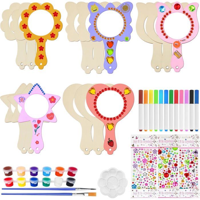 Kit Miroir Licorne En Bois BETESSIN – 12 Miroirs + Crayons Aquarelle + Autocollants Diamant – Activité Créative 5-11 Ans