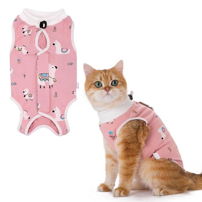 Meilleurs prix pour Combinaison récupération chat - 1 pièce taille M motif alpaga - Rose - Convient pour chats stérilisation postopératoi Étiquette