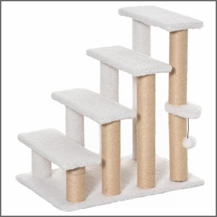 Échelle pour chats &amp  chiens 4 marches - PawHut - Tronc à gratter pluche blanc 60x40x64cm