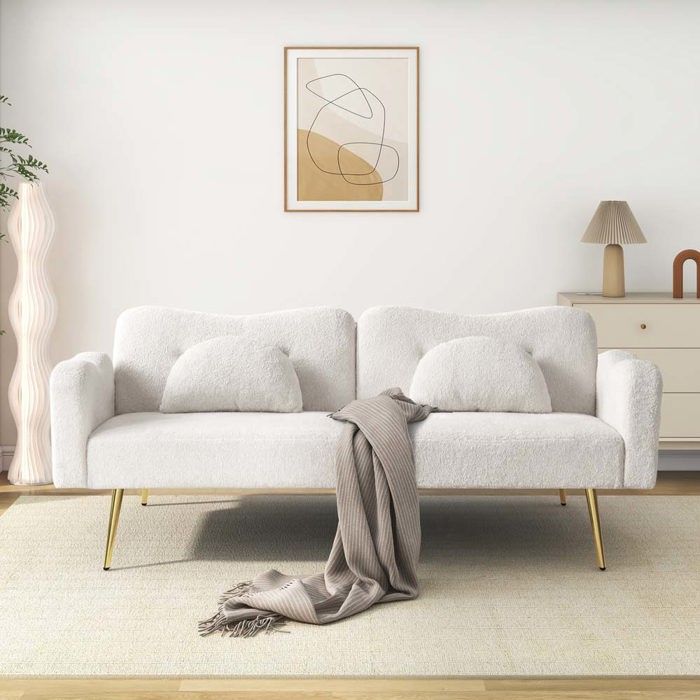 Canapé convertible 2 places - Modèle nuage - Dossier réglable 3 positions - Tissu laine mélangé blanc - Couchage 80x160 cm