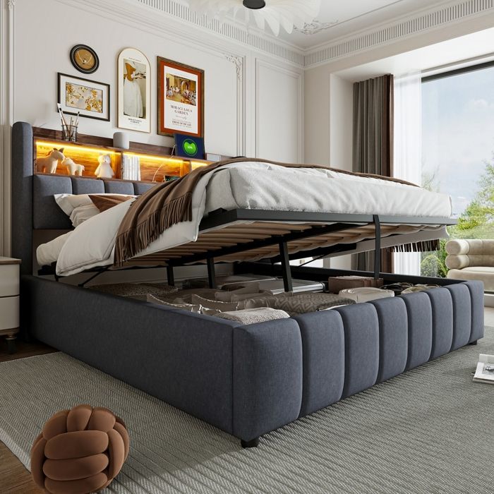 Lit coffre 180x200 avec LED et USB Lit adulte rembourré avec rangement sommier à Lattes 1 étagère 3 compartiments Lin gris