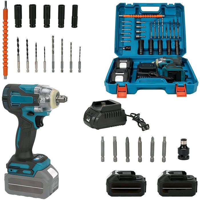 Clé À Chocs Électrique Sans Fil 1200N.m 1/2 Pouce - Vitesse vide 6 700 tr/min - Fréquence d’impact 7 200 coups/min - deux batteries