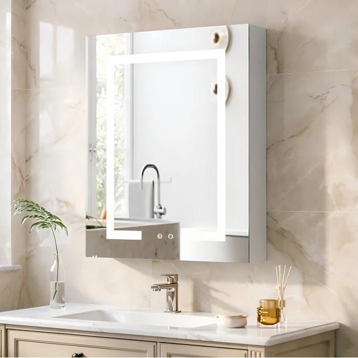 Armoire de salle de bain avec miroir LED de courtoisie mural prise USB antibuée variateur 3 couleurs 70x50cm