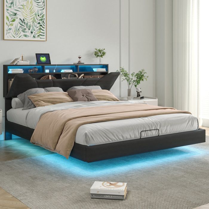 Lit double 160x200 cm - Lit pneumatique capitonné - PU noir - Coffre hydraulique - LED RGB + USB