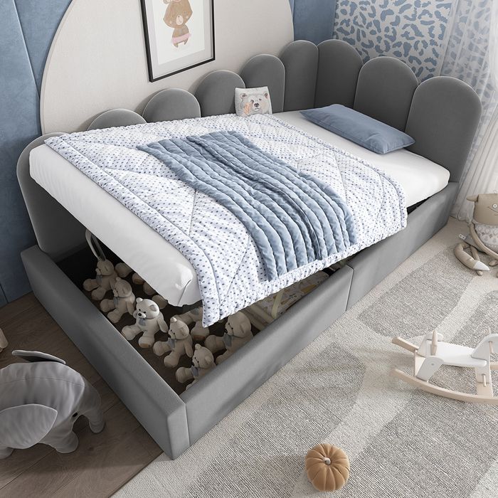 Lit coffre rembourré 90x190 cm - Canapé-lit avec coffre de rangement - Lit enfant avec sommier à lattes - Velours - Gris