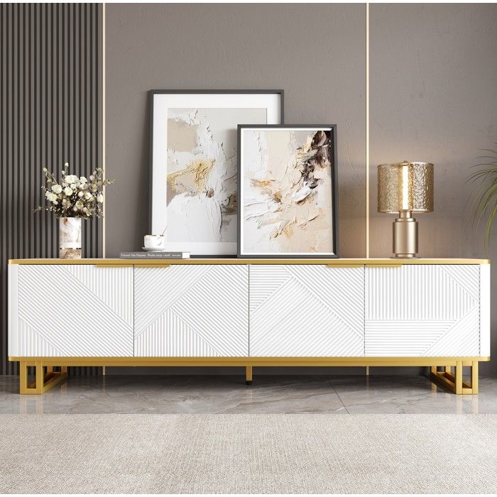 Meuble TV blanc et doré à relief géométrique grand rangement et passe-câbles