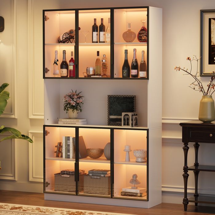 Vitrine LED 120x34x200 cm Armoire Haute Saon Multifonction avec Éclairage LED 6 Portes Vitrees et Espace Rangement Ouvert - Blanc
