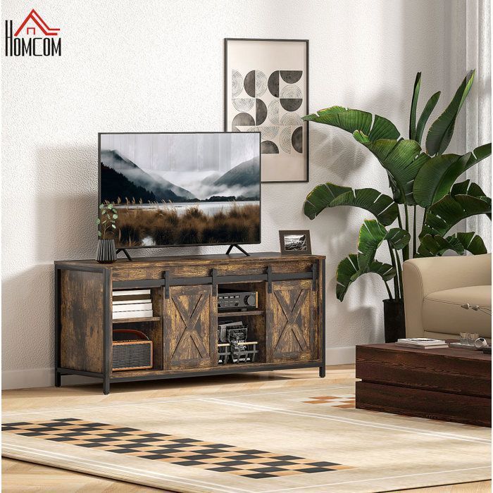 Meuble TV industriel marron L 120 x P 40 x H 54 cm portes coulissantes 6 compartiments