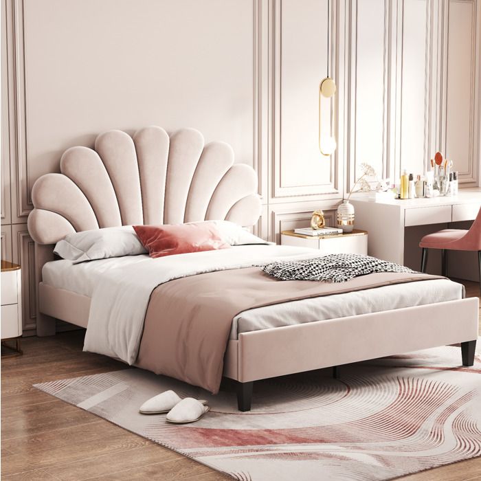 Lit double rembourré beige 140 × 200 avec tête de lit fleurie sommier sans matelas
