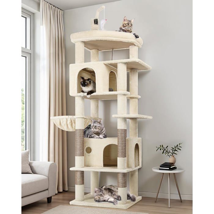 Arbre à chat - LEVYS - 188 cm hauteur - 2 niches - Plateforme rembourrée - Panier moelleux - Griffoirs en sisal