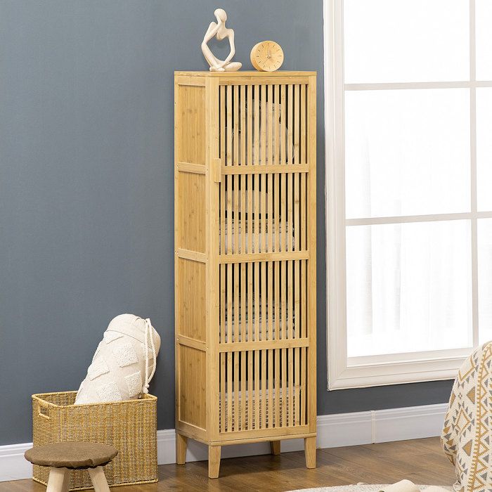 MOTHINESSTO1502-Meuble de rangement en bambou avec étagères et porte design à lamelles pour salle de bain chambre salon 40 x 30 x 14