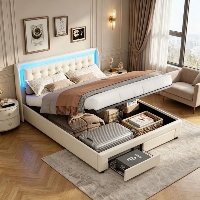 Lit coffre 140x190cm avec éclairage LED cadre de lit avec 2 tiroirs et rangement lit double adulte et adolescent Velours Beige