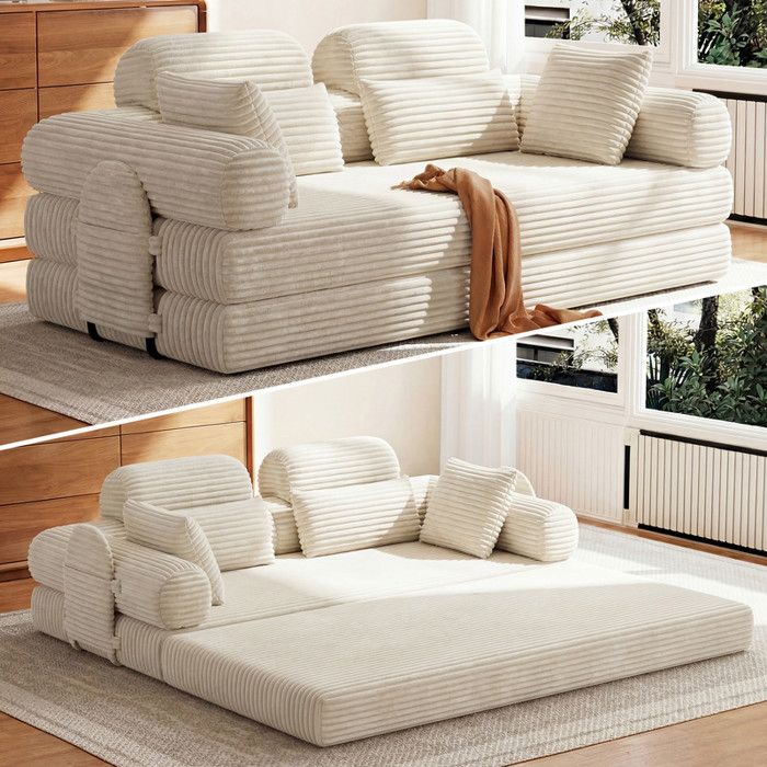 Canapé-Lit 200 cm de Large Appuie-tête et Soutien Lombaire Intégrés Amovibles 2 Coussins Décoratifs Poche Latérale Beige