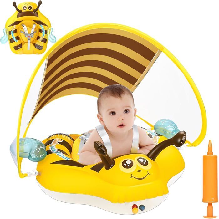 YOOHBERRYS Bouée Bébé Avec Pare-Soleil UPF50+ – Flotteur Gonflable Pour 3 à 12 Mois – Double Sécurité – Pompe Incluse