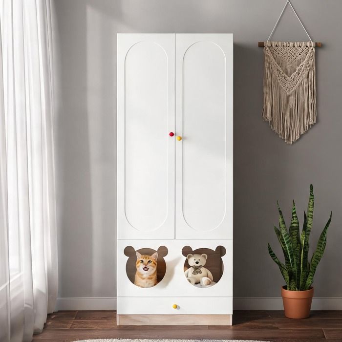Armoire enfant avec patère et espace chat MDF laqué blanc et panneaux bois naturel 80x50x200 cm