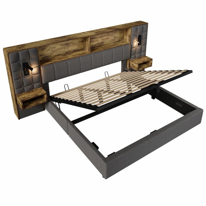 Lit tissu lin 180x200 avec rangement gris LED et 2 liseuses chevets intégrés USB-C sommier inclus sans matelas