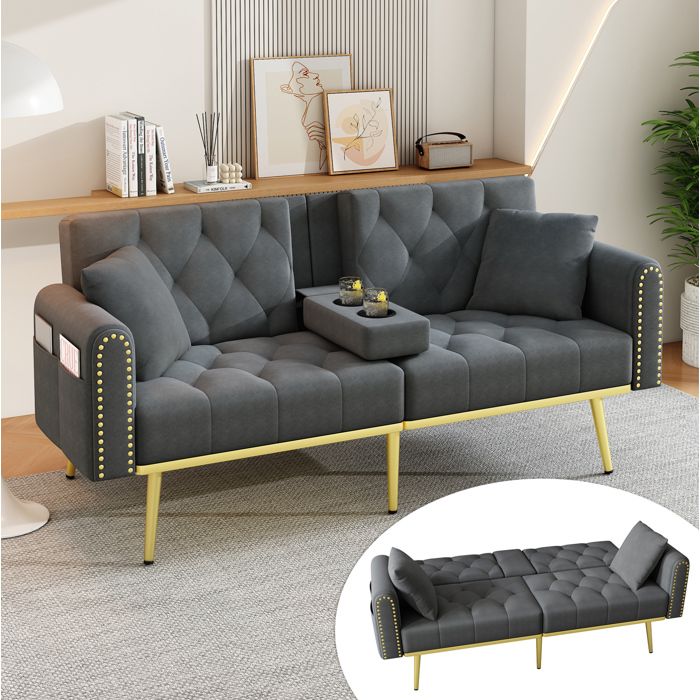 Canapé futon convertible double dépliable 3 inclinaisons porte-gobelet housse en tissu gris