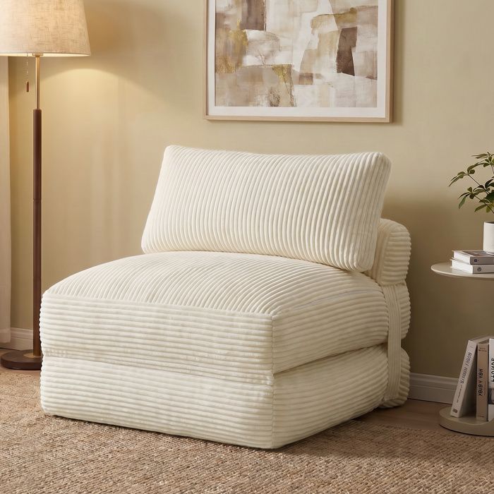 Chauffeuse Convertible en Velours Côtelé Fauteuil-Lit Pliable 1 Place 89 x 89 x 78 cm Blanc Chauffeuse Convertible en Velours Côtelé Fauteuil-Lit Pliable 1 Place 89 x 89 x 78 cm Blanc