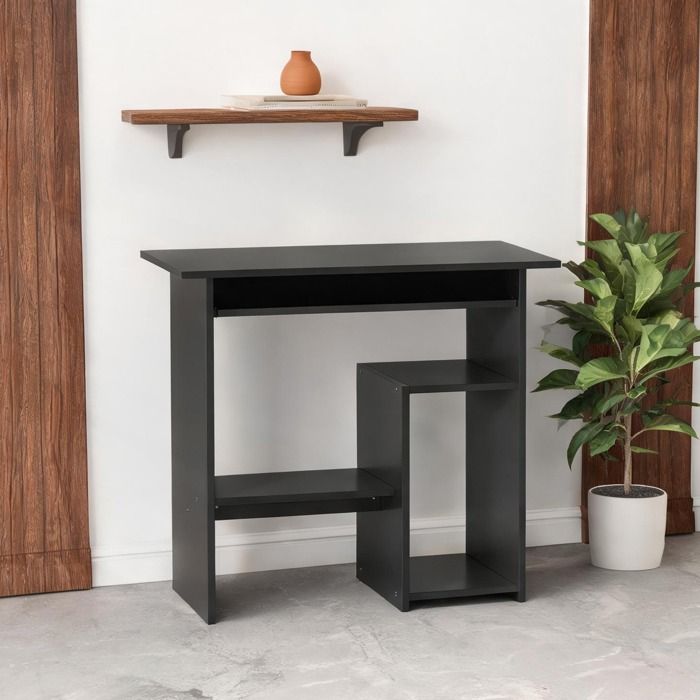 Bureau compact en panneaux de particules mélaminés noir 80x45 cm avec rangements ouverts et tiroir clavier