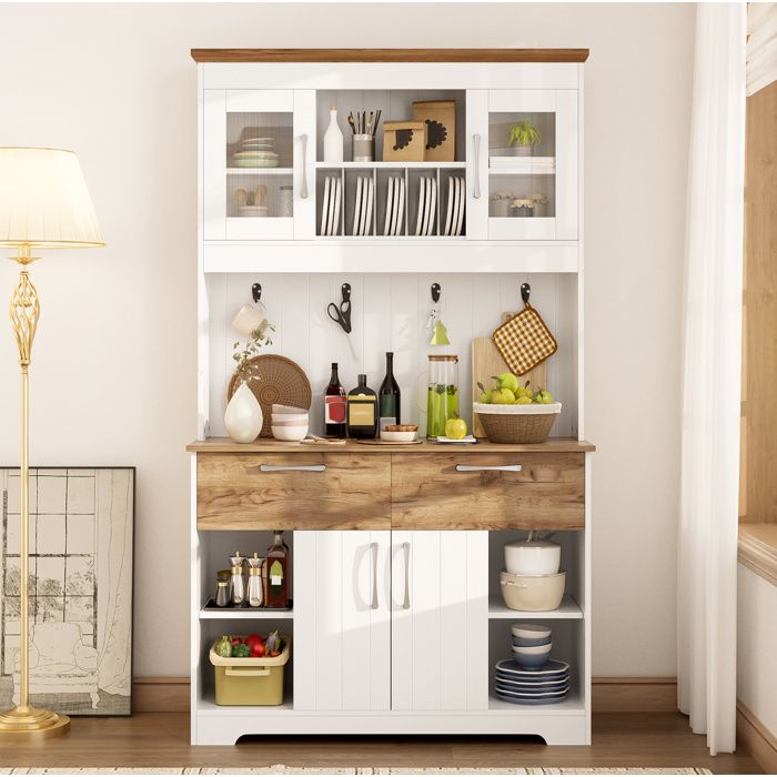 Buffet de cuisine avec vitrines en verre 2 tiroirs portes et crochets blanc et bois naturel 106 x 39 x 176 5 cm