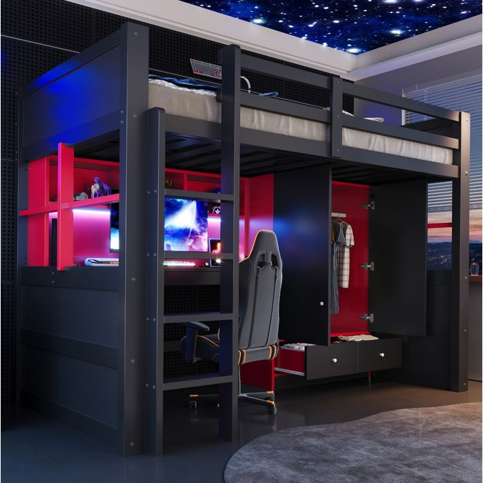Lit mezzanine 1 place 90×200 cm avec bureau armoire 2 tiroirs LED et prises - ELVMI - sans matelas bois - noir et rouge