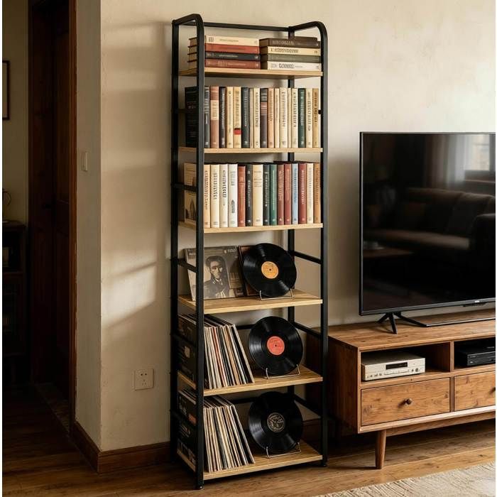 Bibliothèque 6 niveaux étagère de rangement 50 x 30 x 176 cm métal noir et MDF chêne clair style industriel ORVRYN