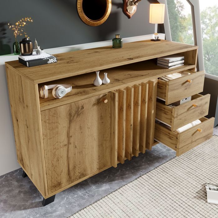 Buffet Bahut 120x40x85 cm LEMLIT Commode Effet Chêne Foncé avec 3 Tiroirs 2 Portes Niche Ouverte Façade à Lattes - Chêne Foncé