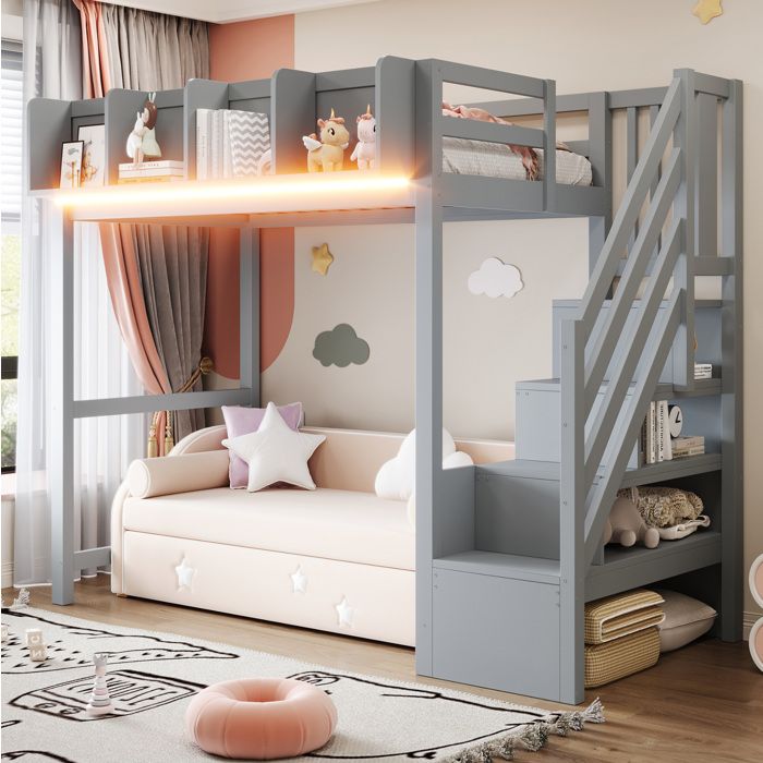Lit Mezzanine avec Garde-Corps Étagères LED et Escalier avec Rangements - TCQPZ - Bois de Pin Contreplaqué et MDF - Gris