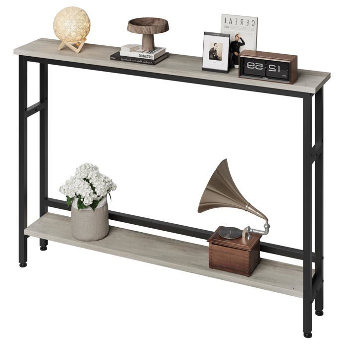 Console étroite 59″ 2 niveaux étagère réglable gris derrière canapé salon couloir hall entrée