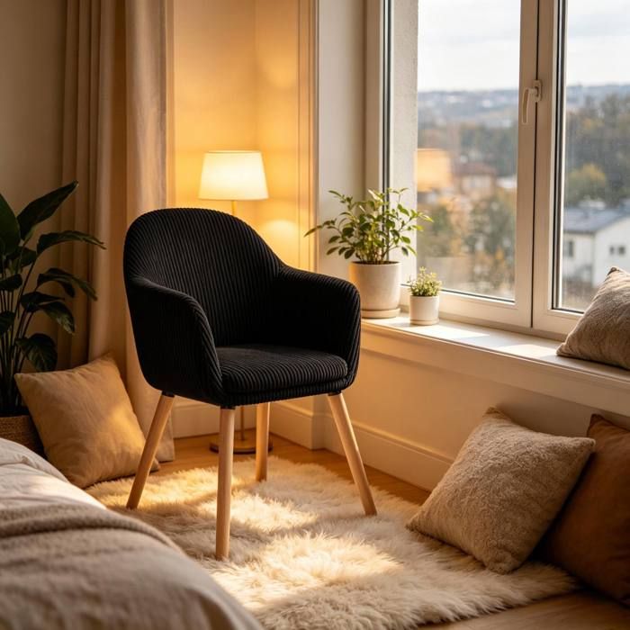 Chaise avec accoudoirs en velours côtelé noir assise rembourrée pieds en bois 53 5 x 46 x 83 5 cm