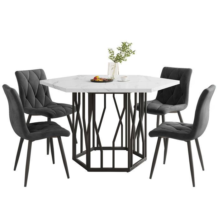 Ensemble de table et chaises 5 pièces table ronde pieds hexagonaux noirs 4 chaises grises table 115 5 × 100 × 75 cm