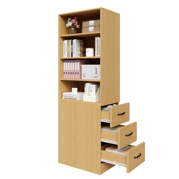 ELVORIN Bibliothèque haute extra étroite 60 x 38 x 180 cm 3 tiroirs latéraux 2 étagères réglables coloris chêne