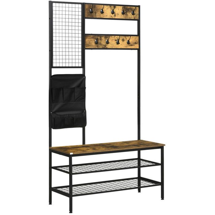 SENVIRO Meuble d’entrée avec banc à chaussures 100 x 40 x 185 cm 9 crochets style industriel marron et noir
