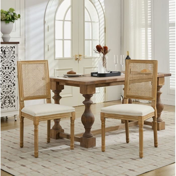 Chaises style campagne lot de 2 structure en bois massif use dossier rotin carre assise rembourree en lin
