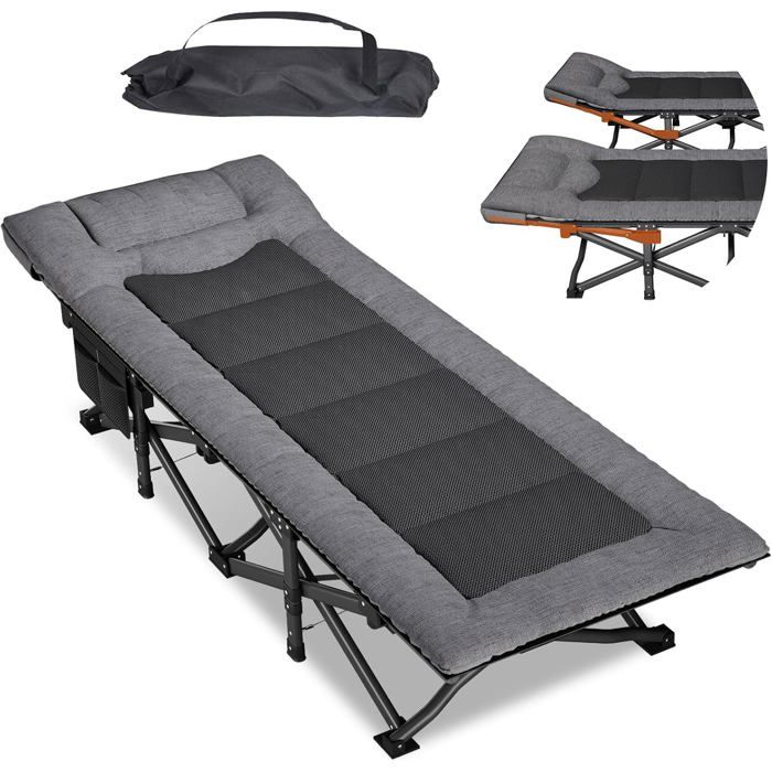 Lit pliant adulte avec matelas intégré et appuie-tête réglable - structure acier 200 kg - sacoche incluse - gris Lit pliant adulte avec matelas intégré et appuie-tête réglable - structure acier 200 kg - sacoche incluse - gris