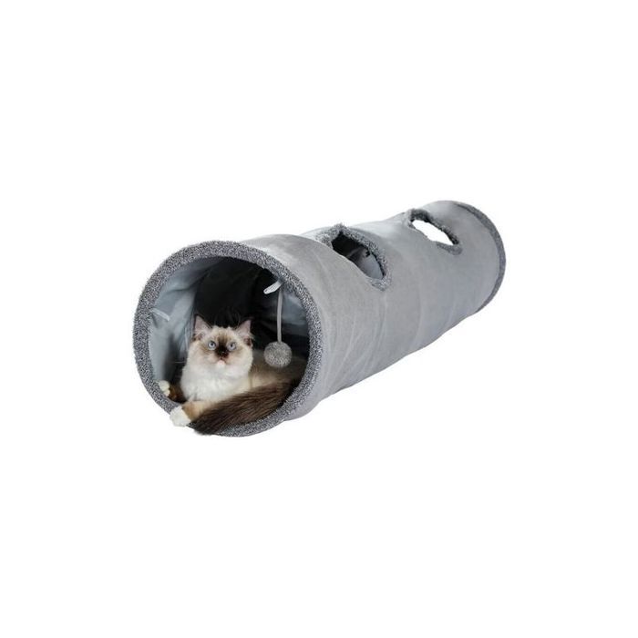 Jouet Tunnel pour Chat en Daim Grand Tunnel a Chat Pliable avec 2 Trous et Boule Suspendue pour Chats Chatons Lapins Dia30 130cm
