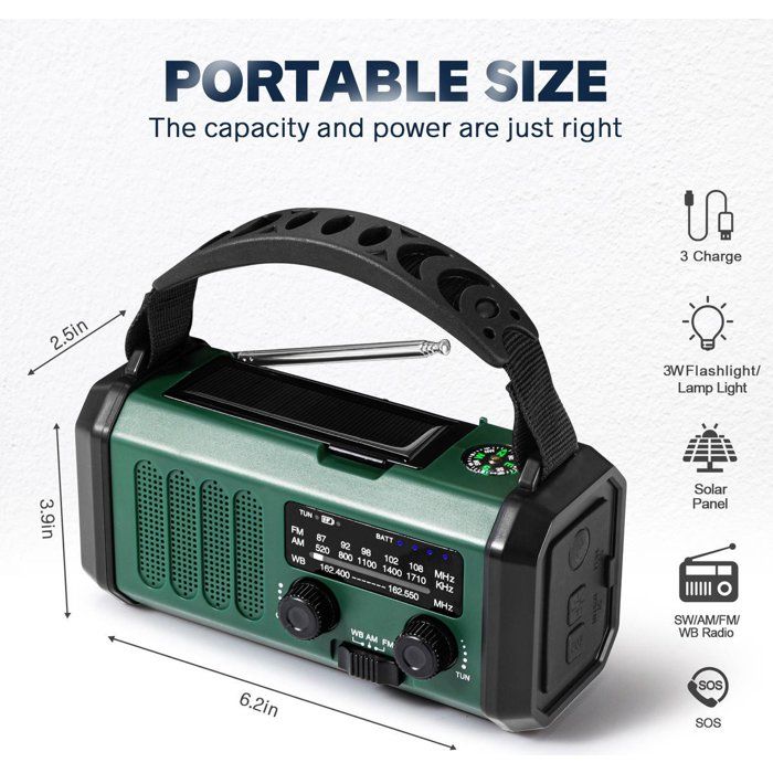 Radio d’urgence portable - batterie 10000 mAh - manivelle - panneau solaire - lampe LED - alarme SOS - Vert militaire et vert
