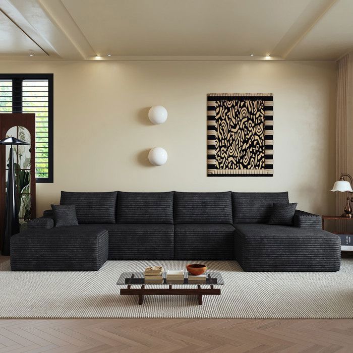 Luscriate - Canapé panoramique en U 5 places 340x175x83 cm - assise panoramique - confort absolu - velours côtelé - noir