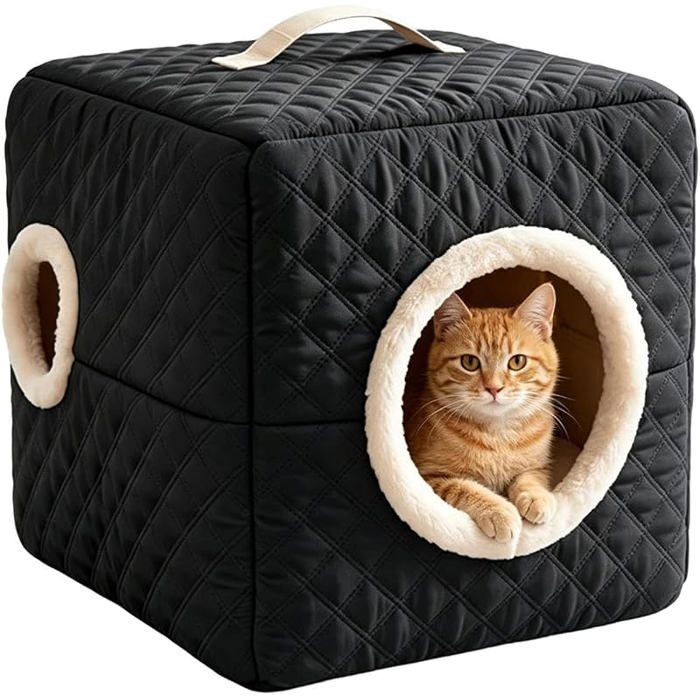 Lit Couvert pour Chat Noir Panier Thermique avec Coussin Amovible Nid Douillet pour Intérieur Chambre et Salon noir CHATIERE
