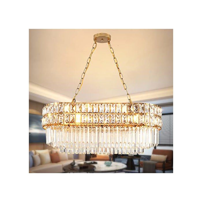 Lustre Moderne en Cristal Luminaire Finition or Lampe Pendante Ovale en Cristal Pour Salon Salle À Manger Restaurant E14 X 8 75 x