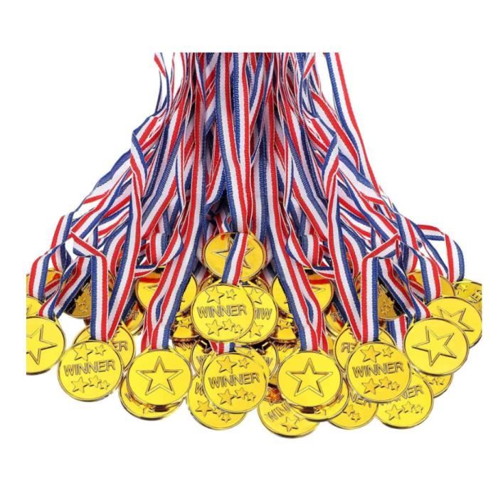 Lot De 12 Médailles D'or En Plastique – Ruban Rouge/blanc/bleu, Diamètre 3,5 Cm, Pour Concours Enfants