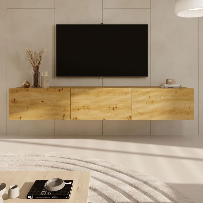 Meuble TV suspendu 3 portes 180x35x296 cm chêne clair - DALLYN