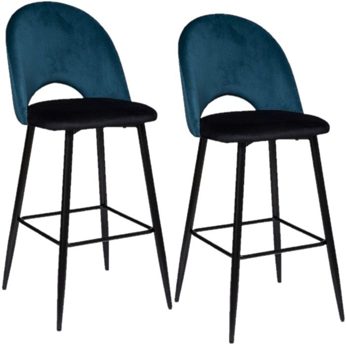 Toilinux - Lot de 2 Chaises de bar effet velours Kara - Hauteur dassise 76 cm - Bleu canard