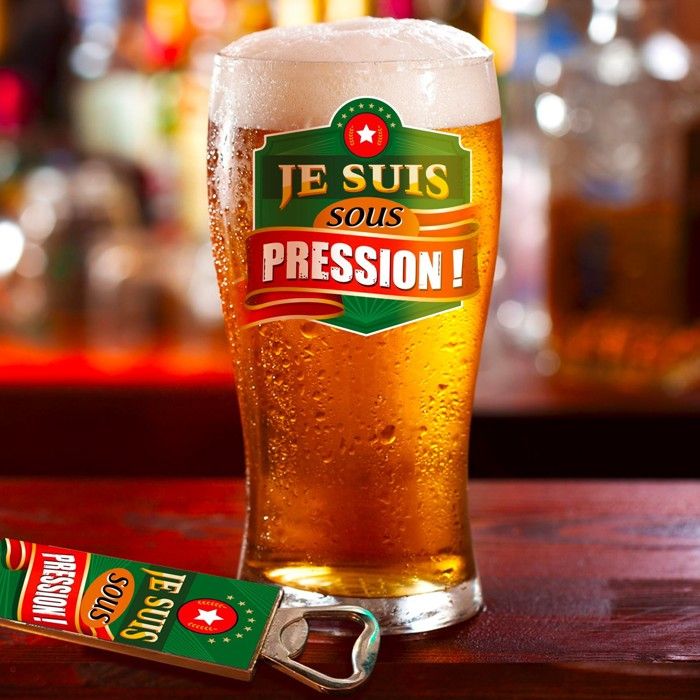 Verre à bière - STC - Je suis sous pression - Blanc - Décapsuleur inclus - 2 pièces
